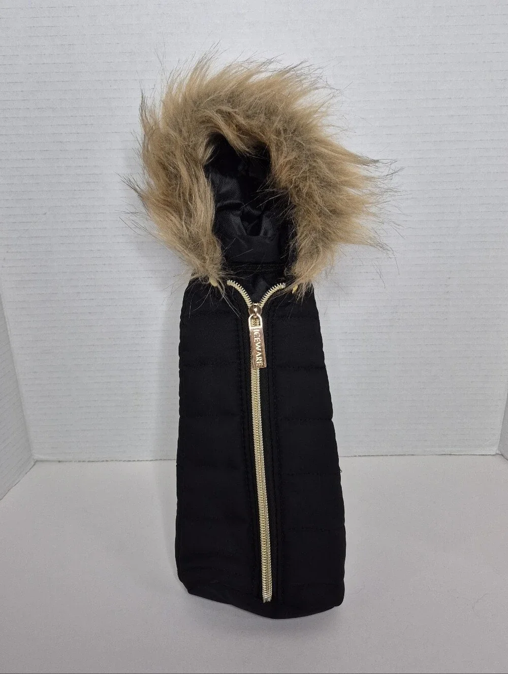 Black Faux Fur Trim Bottle Jacket with Gold Zipper IceWare